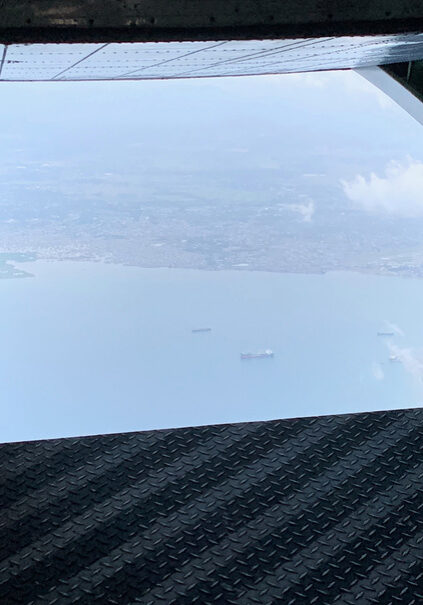 The Caribbean Sea viewed from the cargo plane.